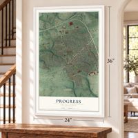 Progress, Pennsylvania map, 24 x 36 inch print in a white frame by a staircase