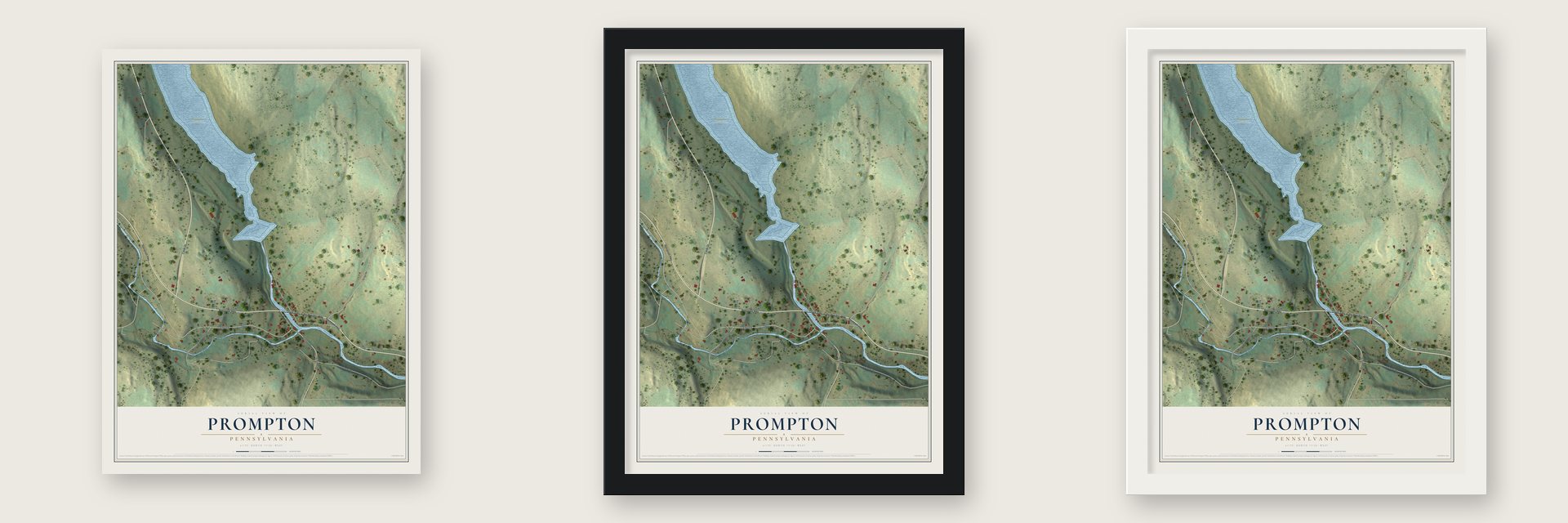 Prompton, Pennsylvania map unframed, in a black wood frame and in a white wood frame