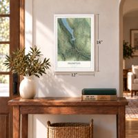 Prompton, Pennsylvania map, 12 x 18 inch print in a white frame in an entryway