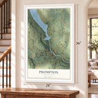 Prompton, Pennsylvania map, 24 x 36 inch print in a white frame by a staircase