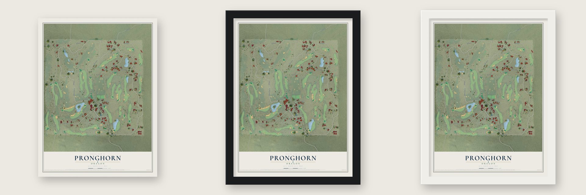 Pronghorn, Oregon map unframed, in a black wood frame and in a white wood frame