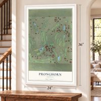 Pronghorn, Oregon map, 24 x 36 inch print in a white frame by a staircase