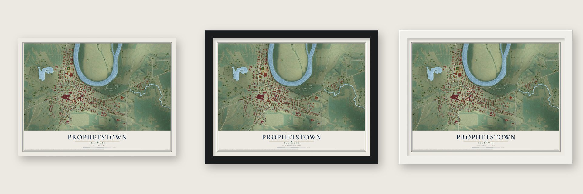 Prophetstown, Illinois map unframed, in a black wood frame and in a white wood frame