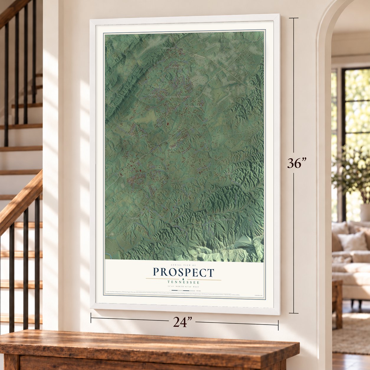 Prospect, Blount County, Tennessee map, 24 x 36 inch print in a white frame by a staircase