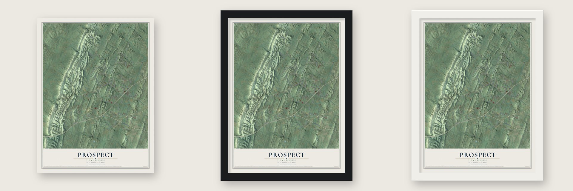 Prospect, Bradley County, Tennessee map unframed, in a black wood frame and in a white wood frame