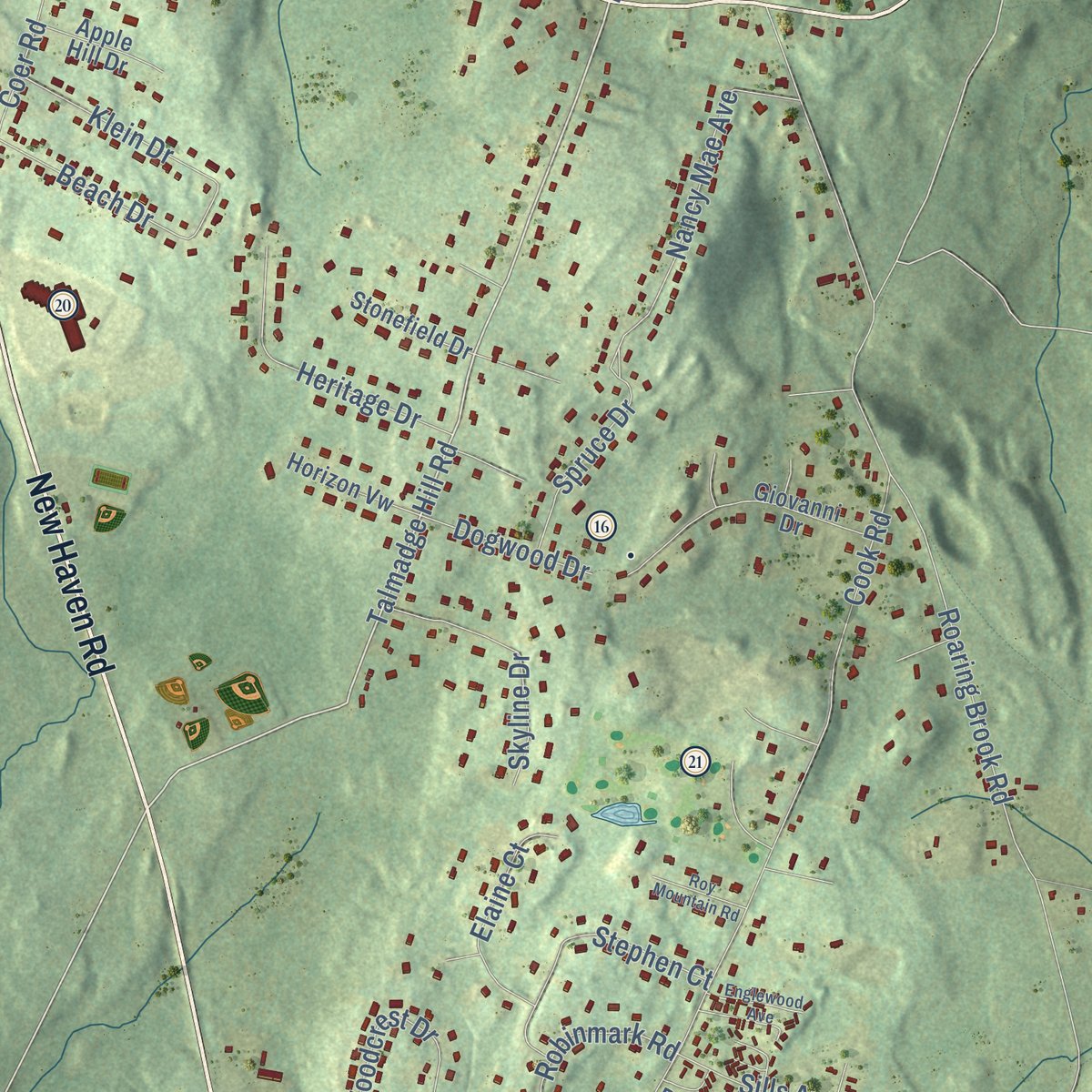 Second close-up of the map of Prospect, Connecticut print showing more streets and buildings