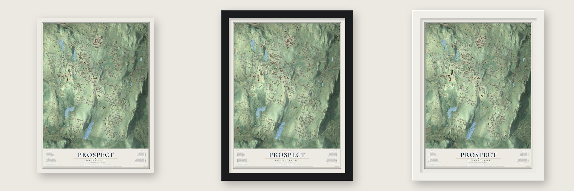 Prospect, Connecticut map unframed, in a black wood frame and in a white wood frame