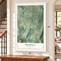 Prospect, Connecticut map, 24 x 36 inch print in a white frame by a staircase