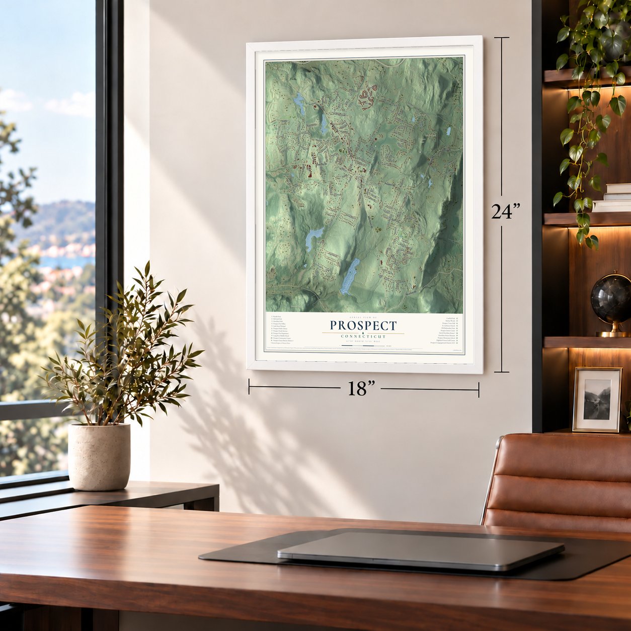 Prospect, Connecticut map, 18 x 24 inch print in a white frame in a home office