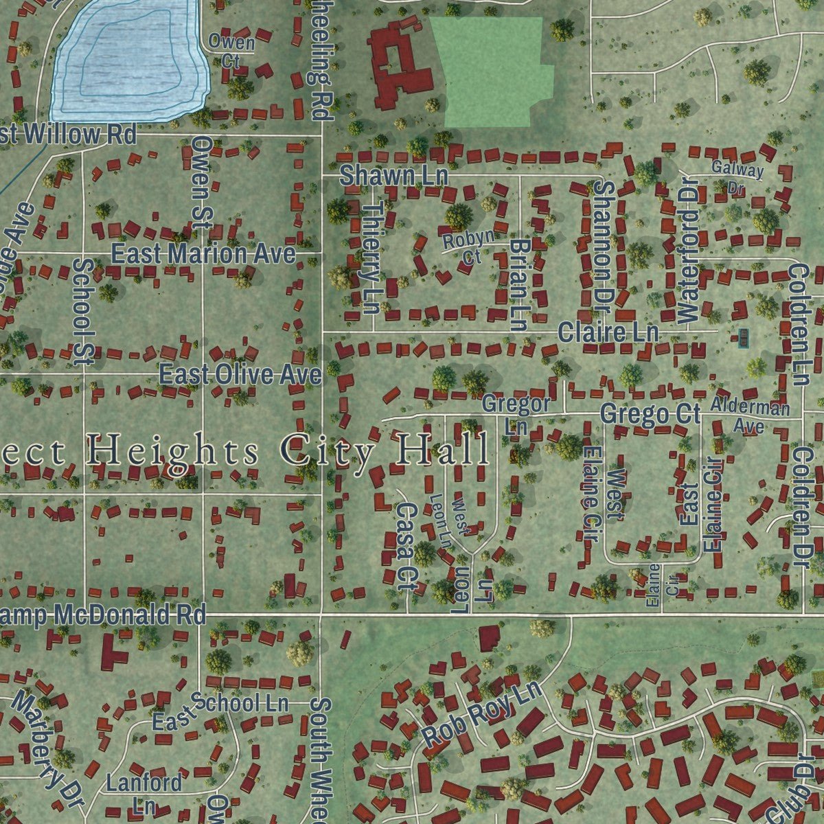 Second close-up of the map of Prospect Heights, Illinois print showing more streets and buildings