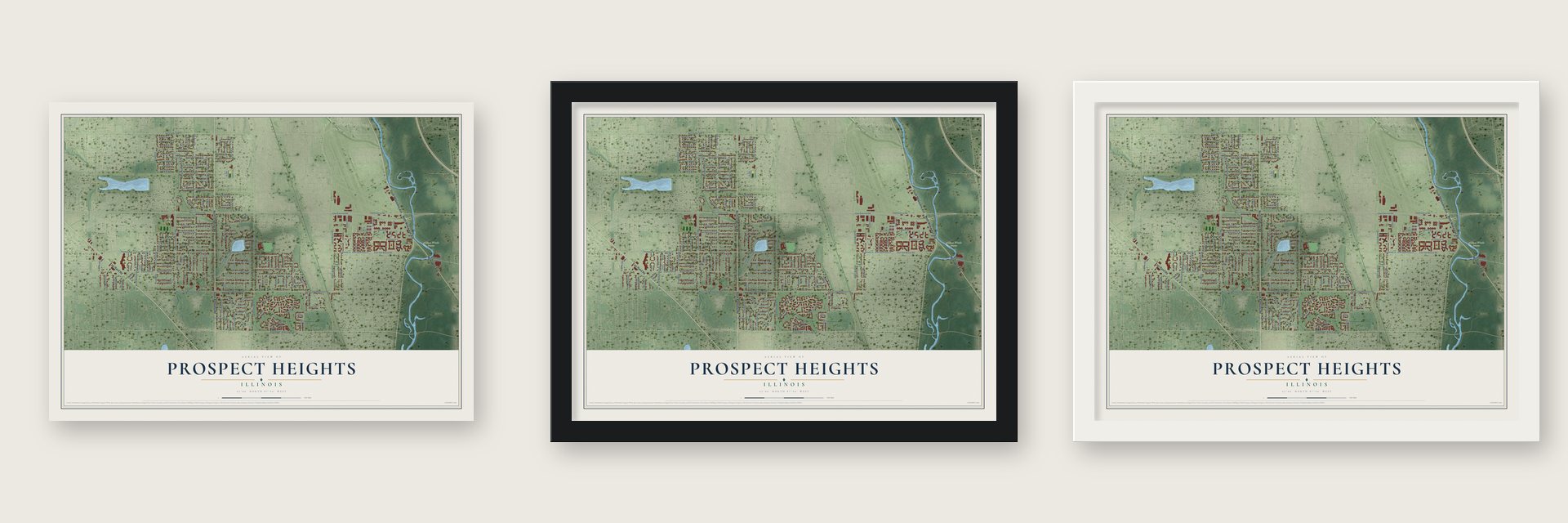 Prospect Heights, Illinois map unframed, in a black wood frame and in a white wood frame