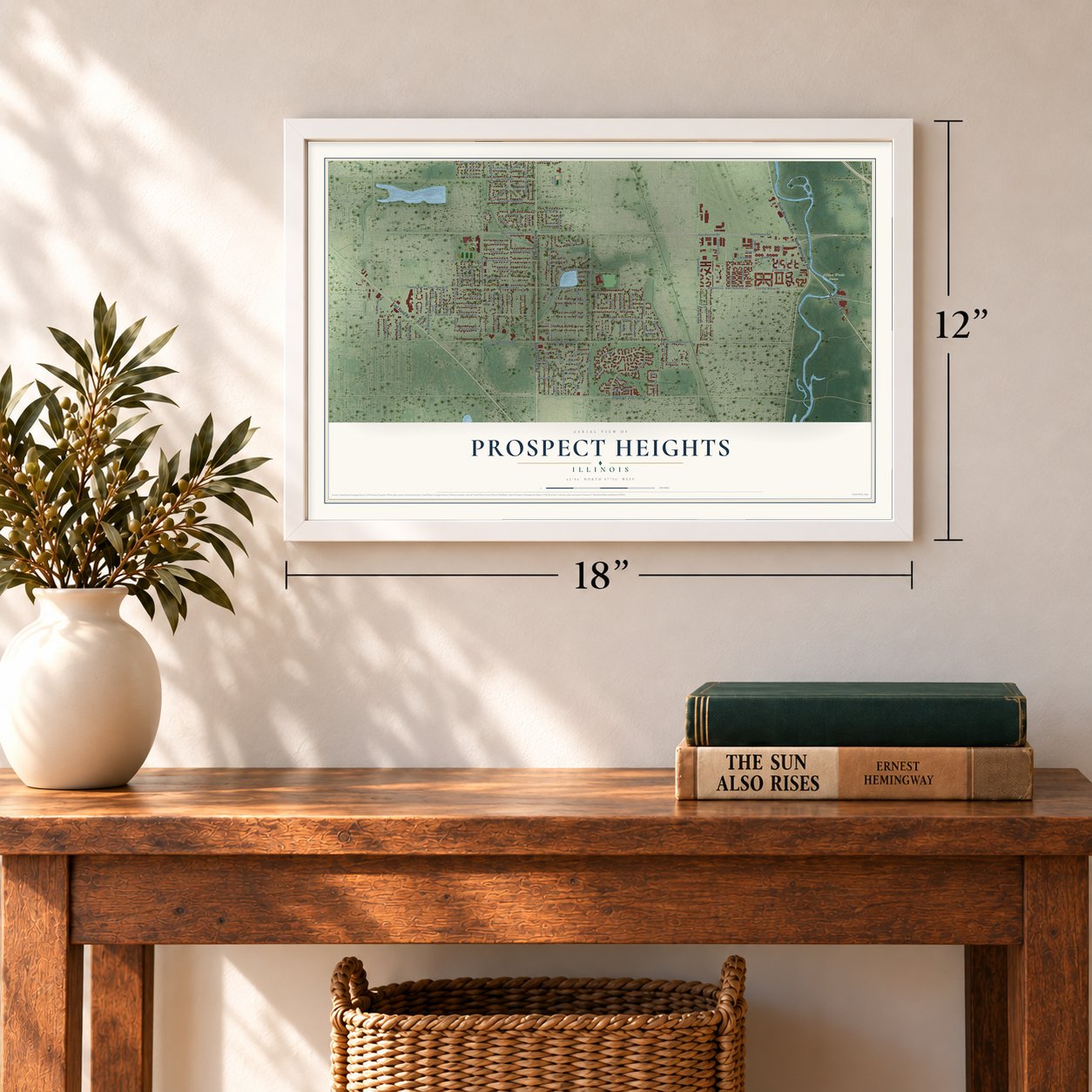 Prospect Heights, Illinois map, 12 x 18 inch print in a white frame in an entryway