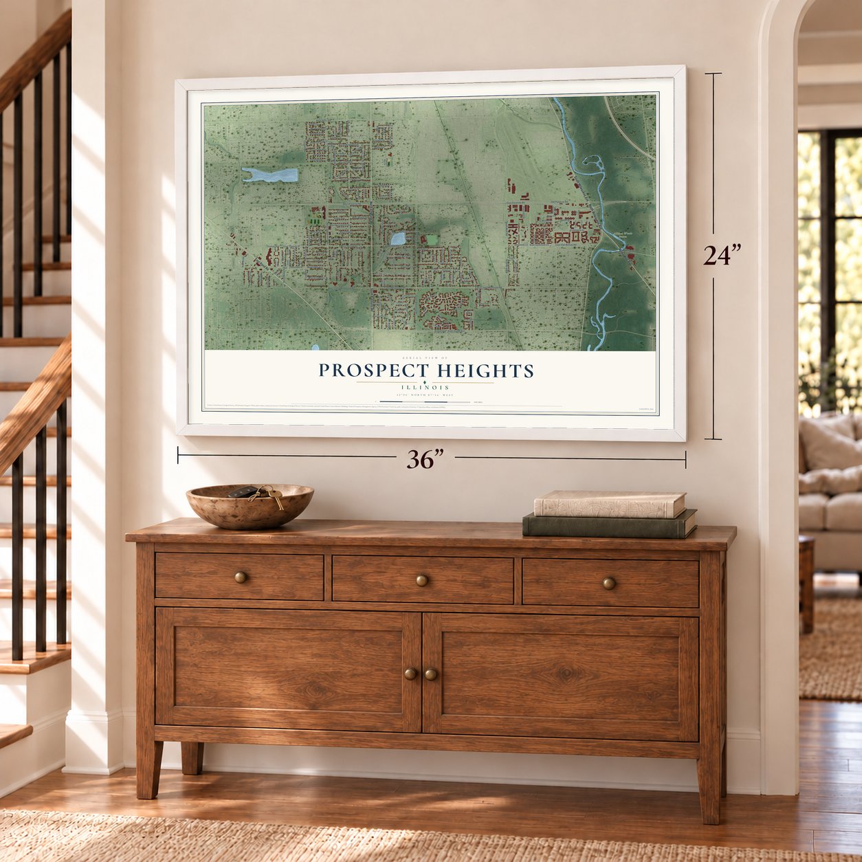 Prospect Heights, Illinois map, 24 x 36 inch print in a white frame above a dresser by a staircase