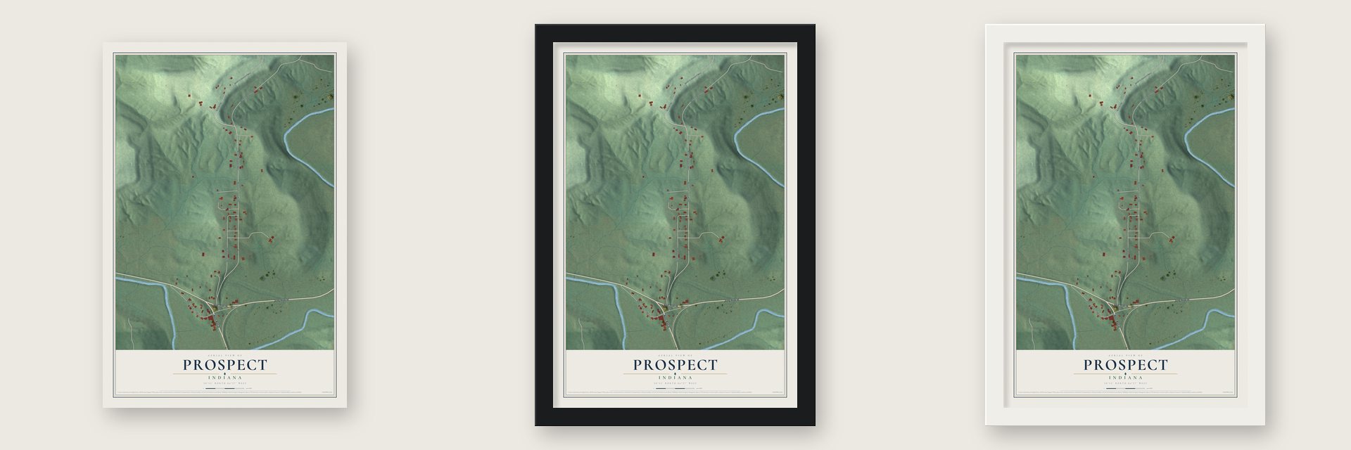 Prospect, Indiana map unframed, in a black wood frame and in a white wood frame