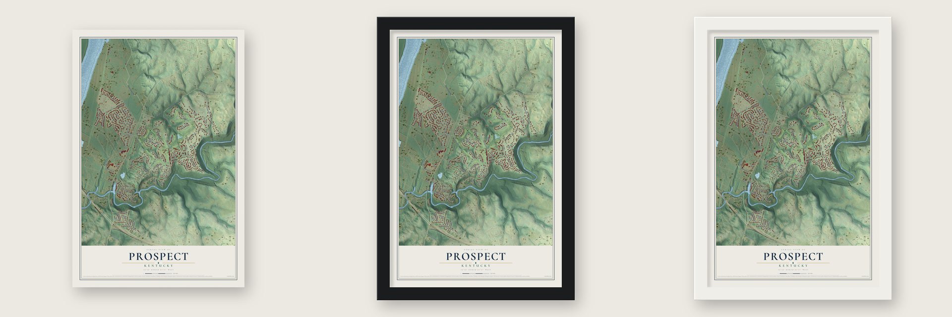 Prospect, Kentucky map unframed, in a black wood frame and in a white wood frame