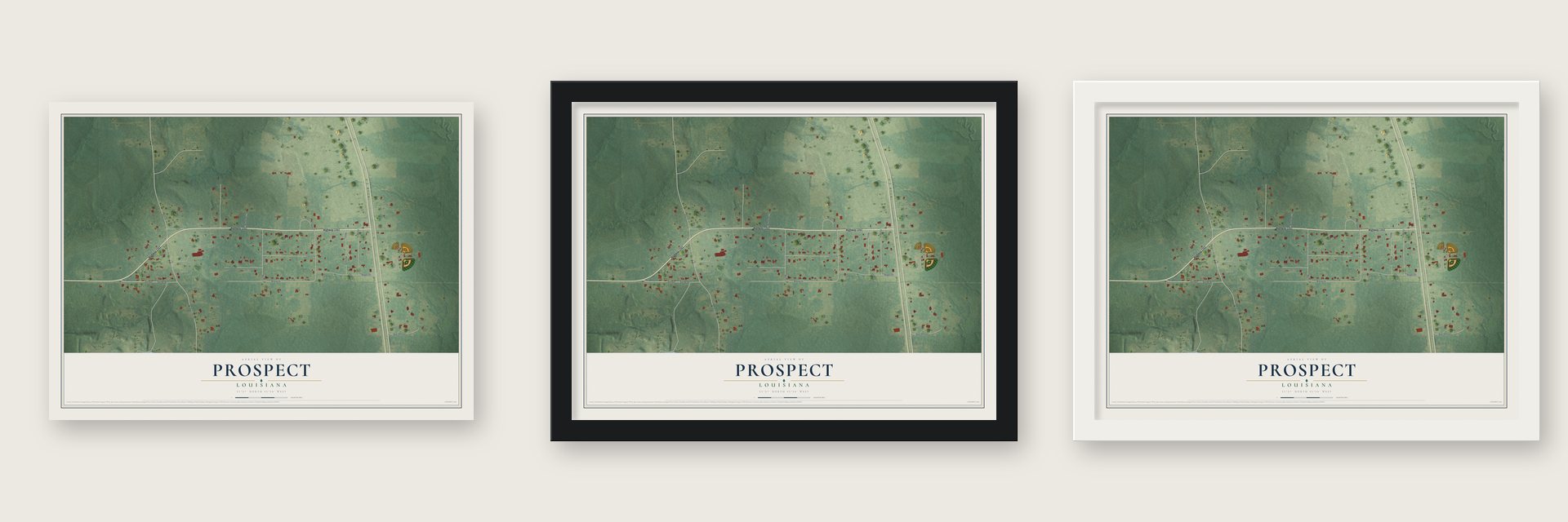 Prospect, Louisiana map unframed, in a black wood frame and in a white wood frame