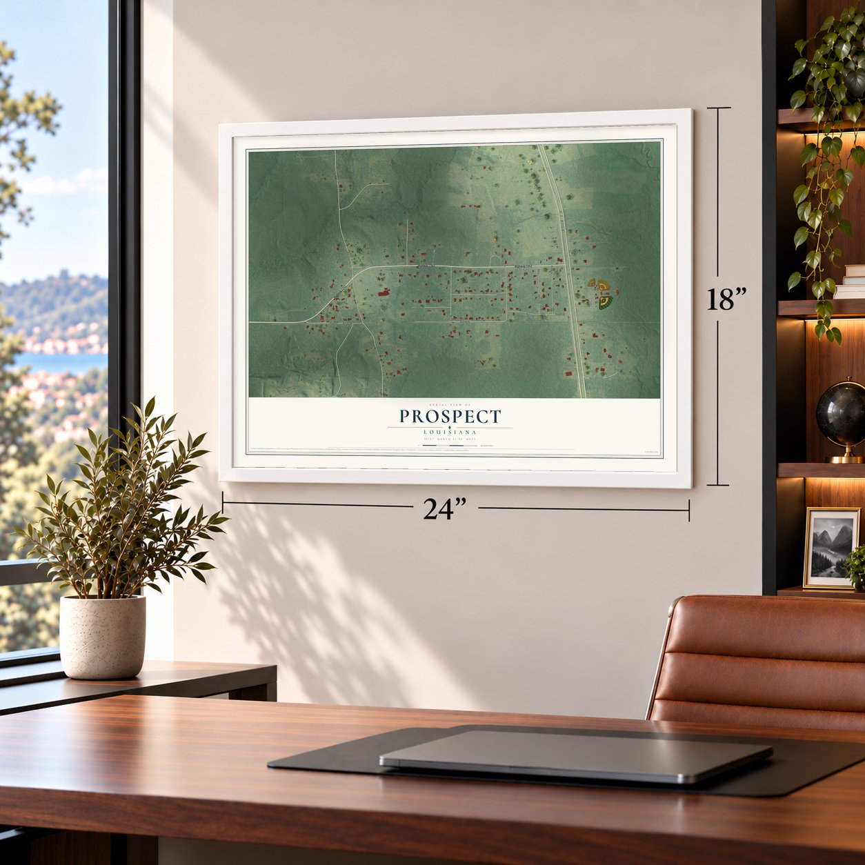 Prospect, Louisiana map, 18 x 24 inch print in a white frame in a home office