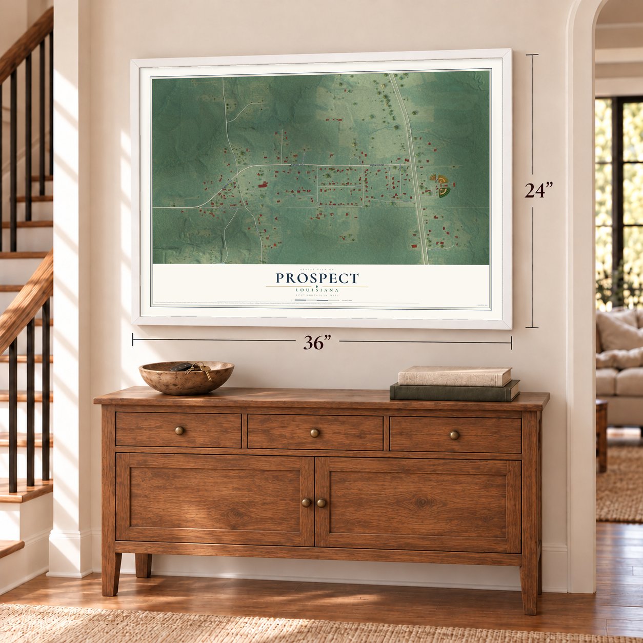 Prospect, Louisiana map, 24 x 36 inch print in a white frame above a dresser by a staircase