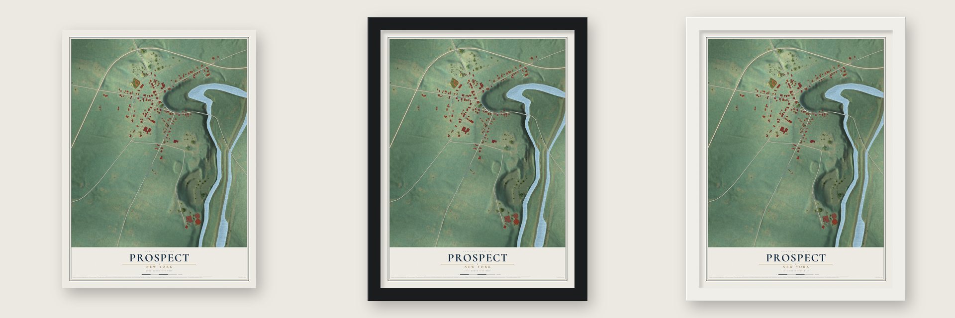 Prospect, New York map unframed, in a black wood frame and in a white wood frame