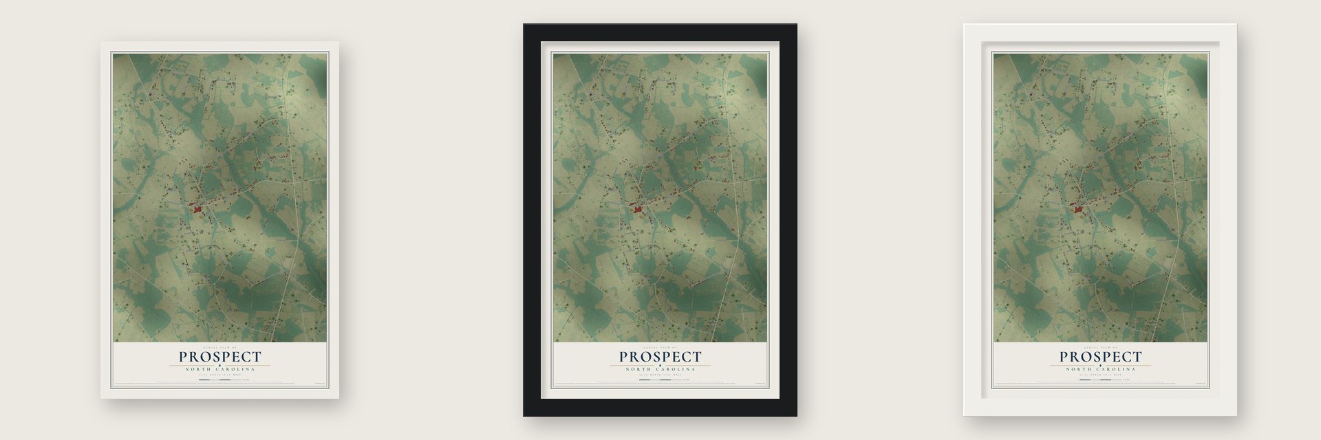 Prospect, North Carolina map unframed, in a black wood frame and in a white wood frame