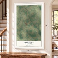 Prospect, North Carolina map, 24 x 36 inch print in a white frame by a staircase