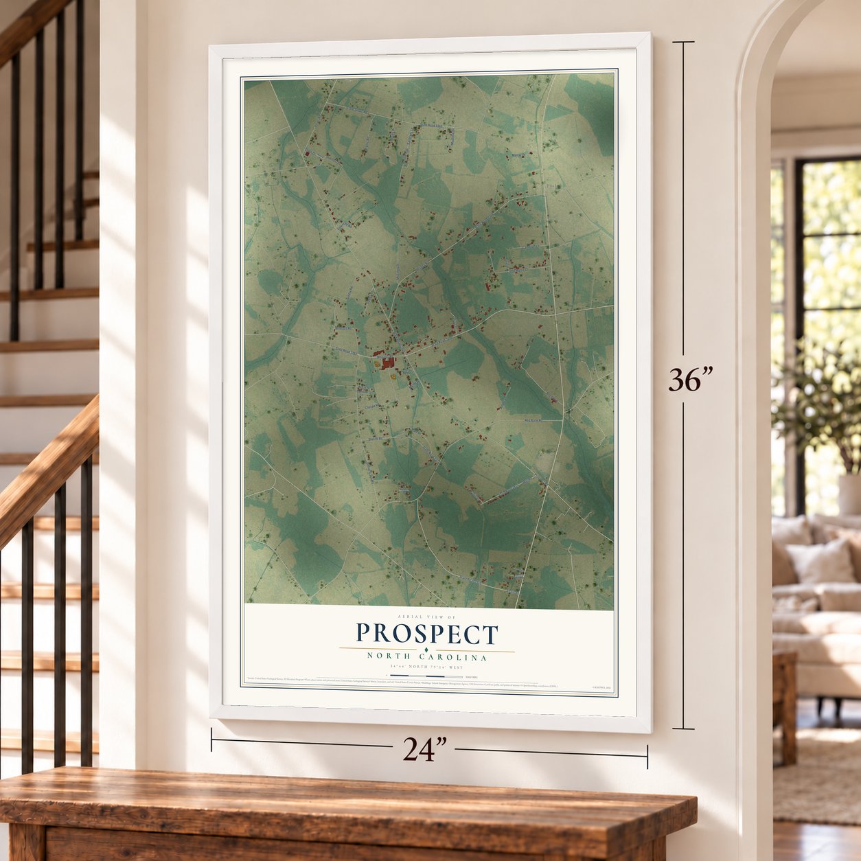 Prospect, North Carolina map, 24 x 36 inch print in a white frame by a staircase