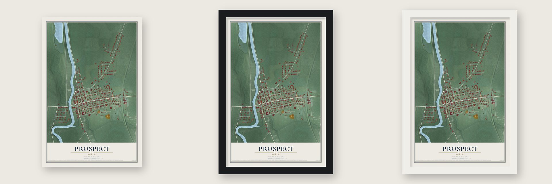 Prospect, Ohio map unframed, in a black wood frame and in a white wood frame
