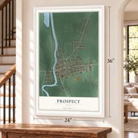 Prospect, Ohio map, 24 x 36 inch print in a white frame by a staircase