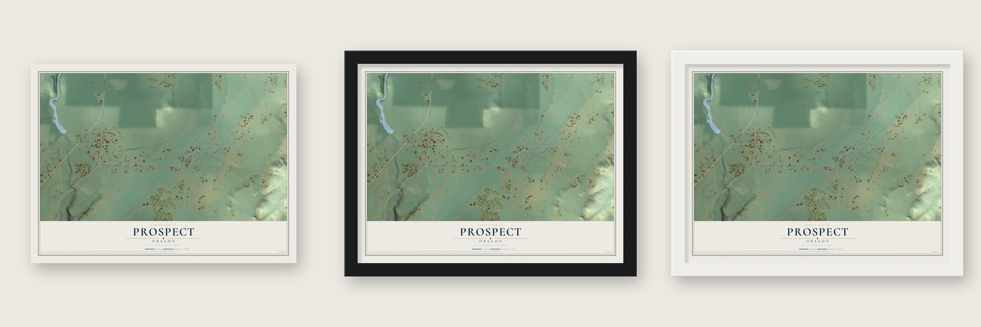Prospect, Oregon map unframed, in a black wood frame and in a white wood frame