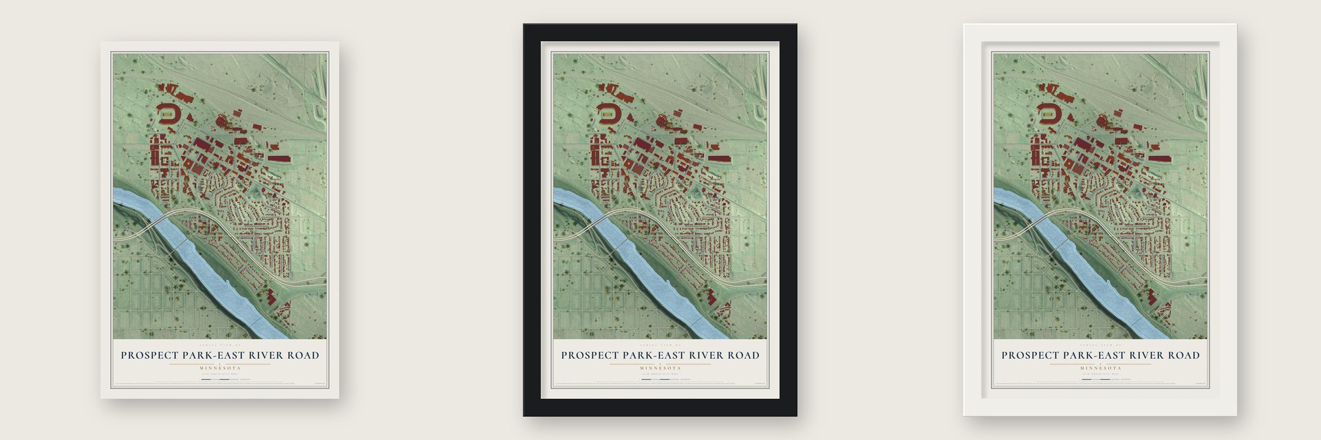 Prospect Park-East River Road, Minnesota map unframed, in a black wood frame and in a white wood frame
