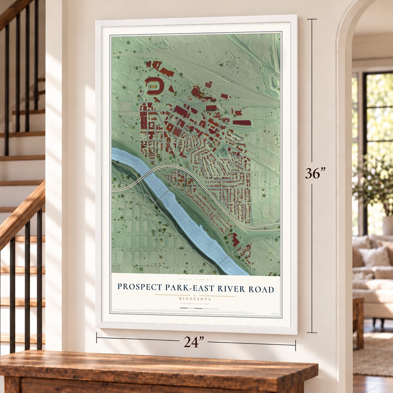 Prospect Park-East River Road, Minnesota map, 24 x 36 inch print in a white frame by a staircase