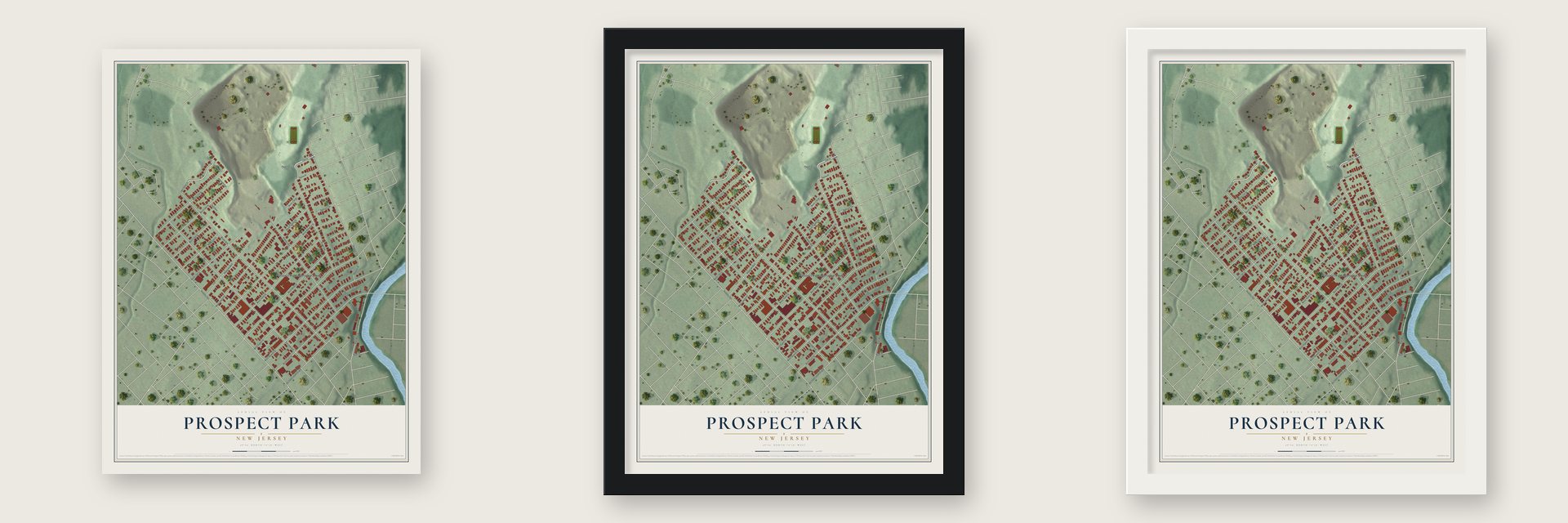 Prospect Park, New Jersey map unframed, in a black wood frame and in a white wood frame