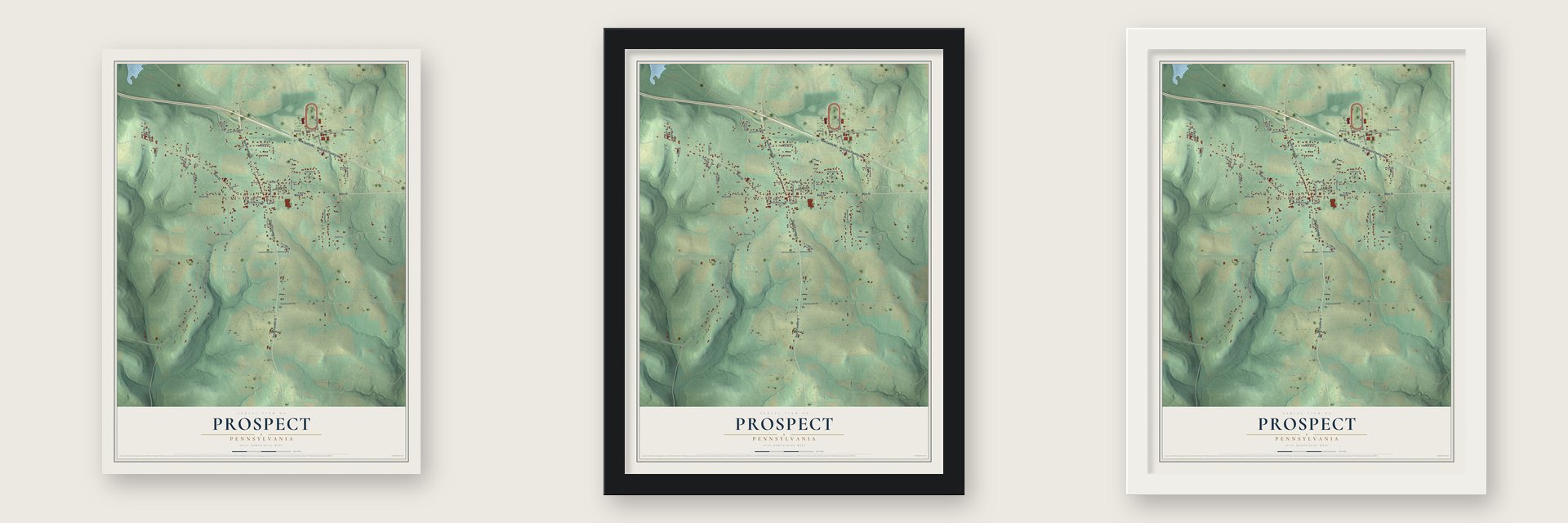 Prospect, Pennsylvania map unframed, in a black wood frame and in a white wood frame
