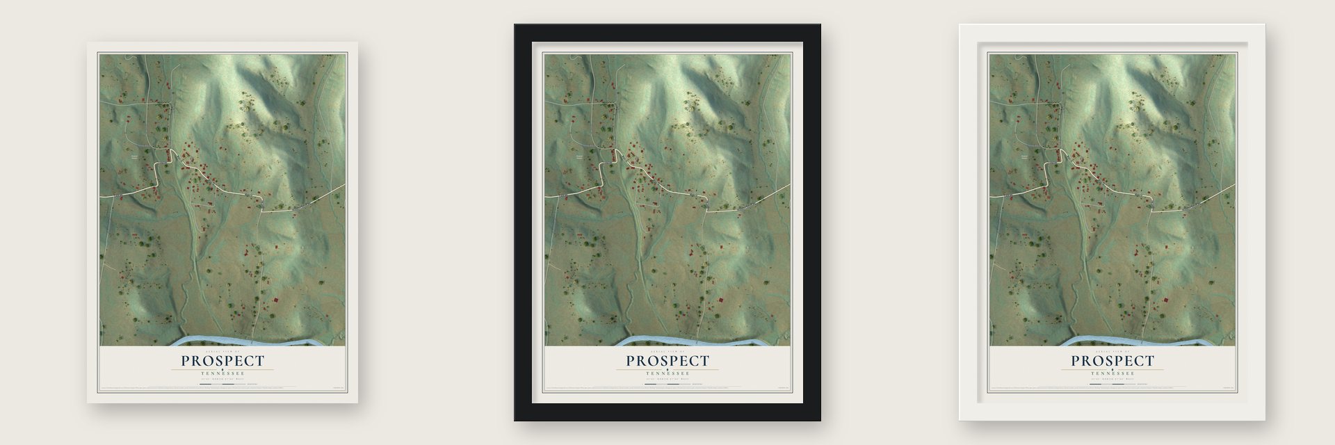 Prospect, Tennessee map unframed, in a black wood frame and in a white wood frame