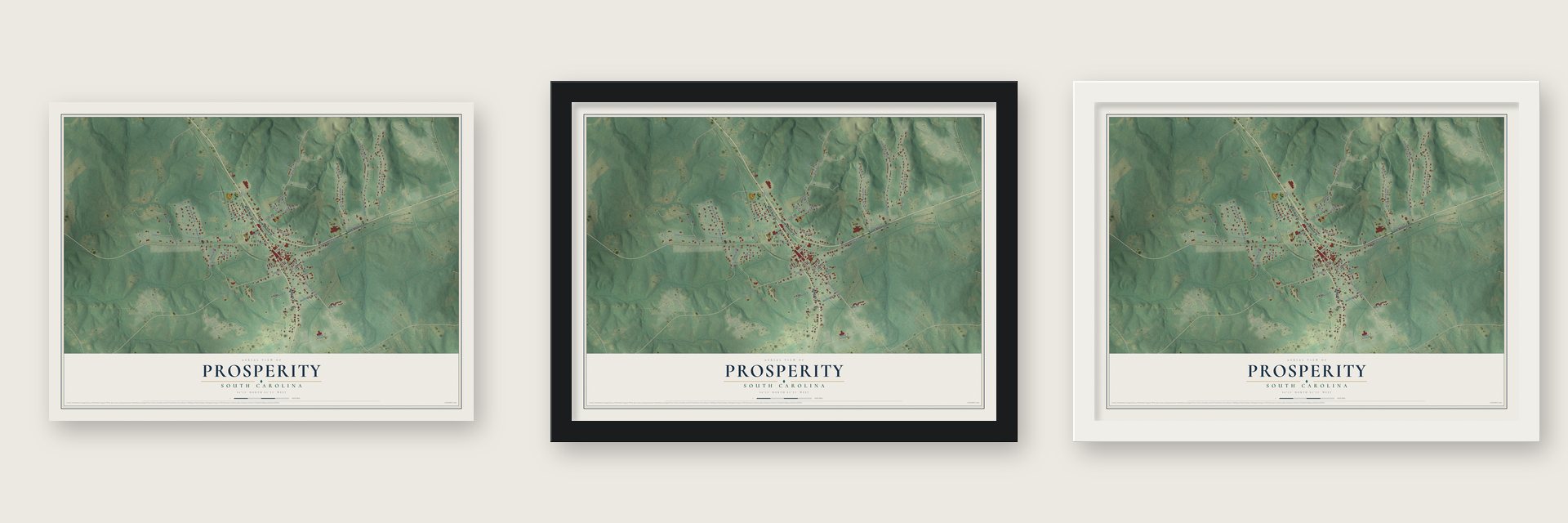 Prosperity, South Carolina map unframed, in a black wood frame and in a white wood frame