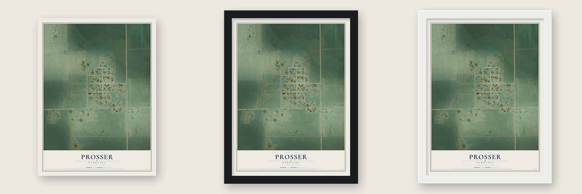 Prosser, Nebraska map unframed, in a black wood frame and in a white wood frame