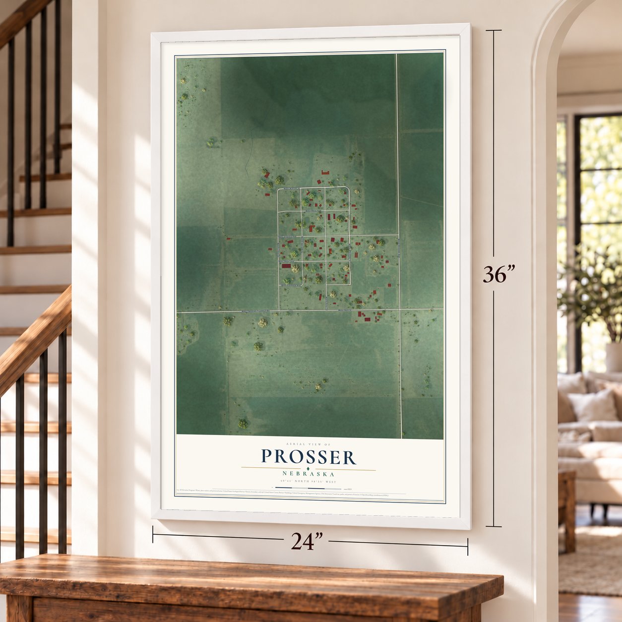 Prosser, Nebraska map, 24 x 36 inch print in a white frame by a staircase