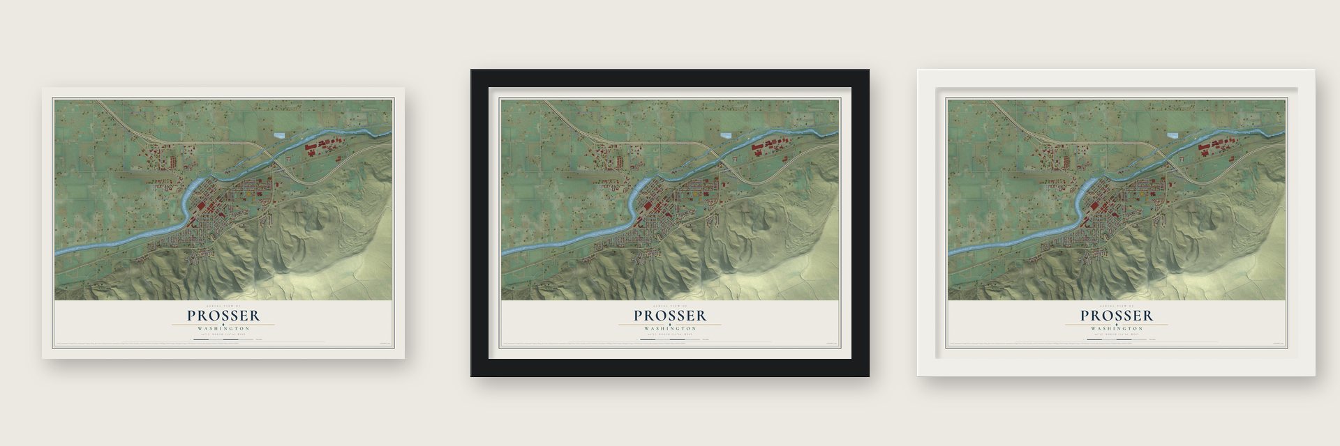 Prosser, Washington map unframed, in a black wood frame and in a white wood frame