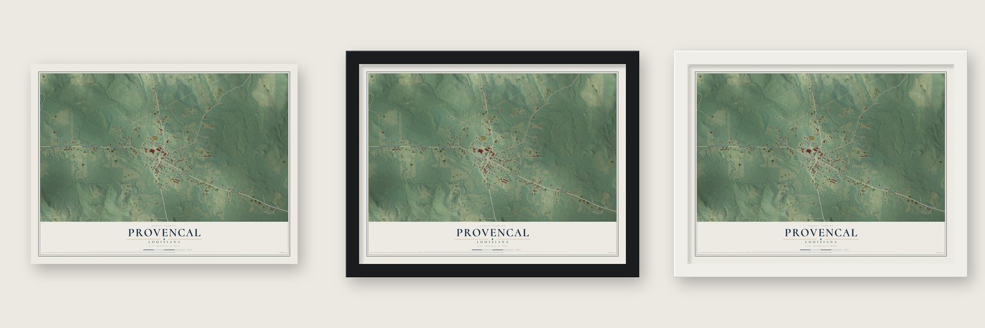 Provencal, Louisiana map unframed, in a black wood frame and in a white wood frame