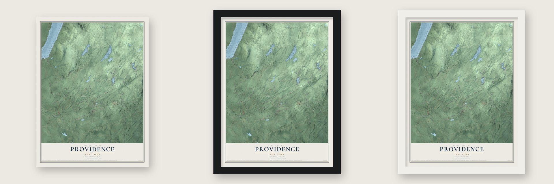 Providence, New York map unframed, in a black wood frame and in a white wood frame