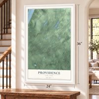 Providence, New York map, 24 x 36 inch print in a white frame by a staircase
