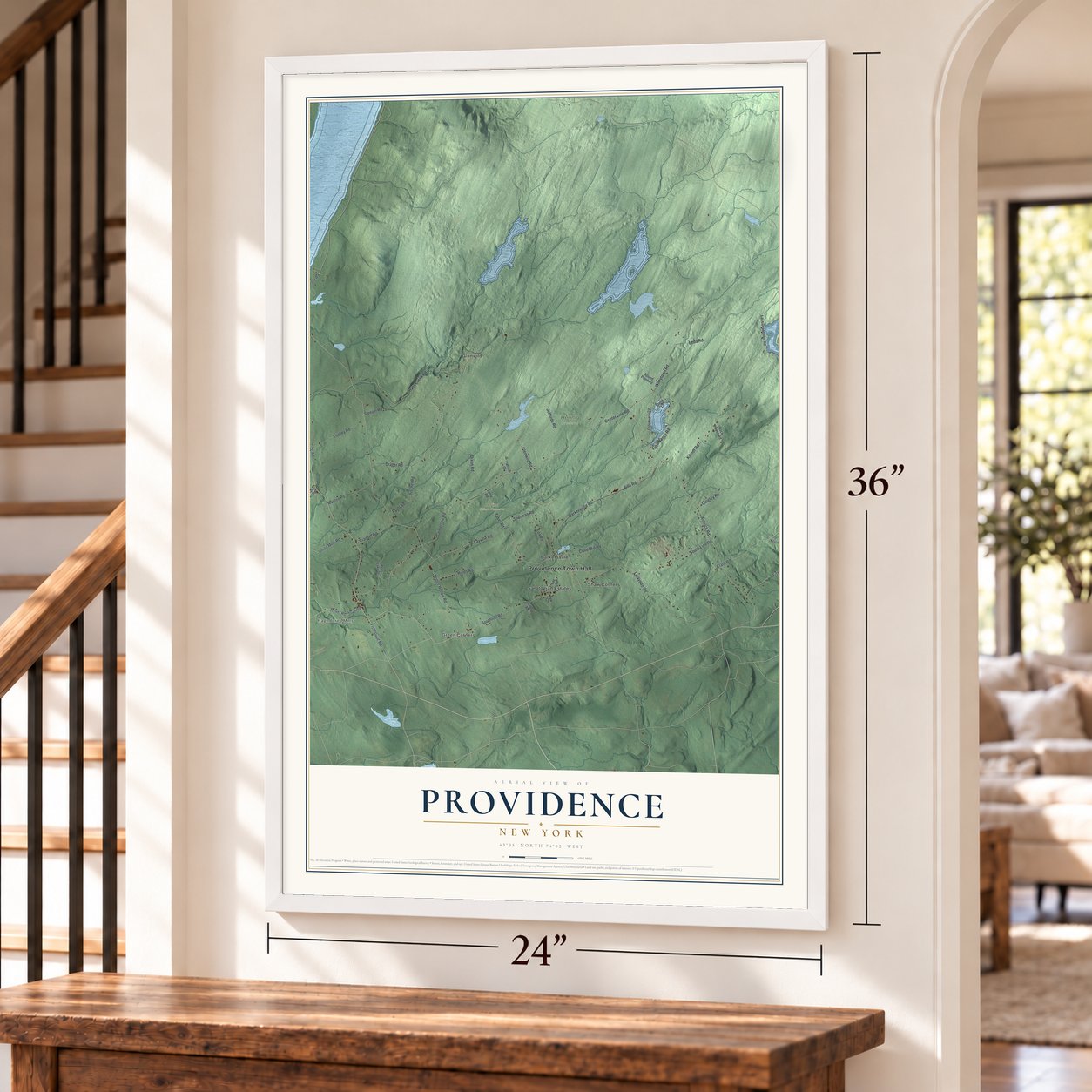 Providence, New York map, 24 x 36 inch print in a white frame by a staircase