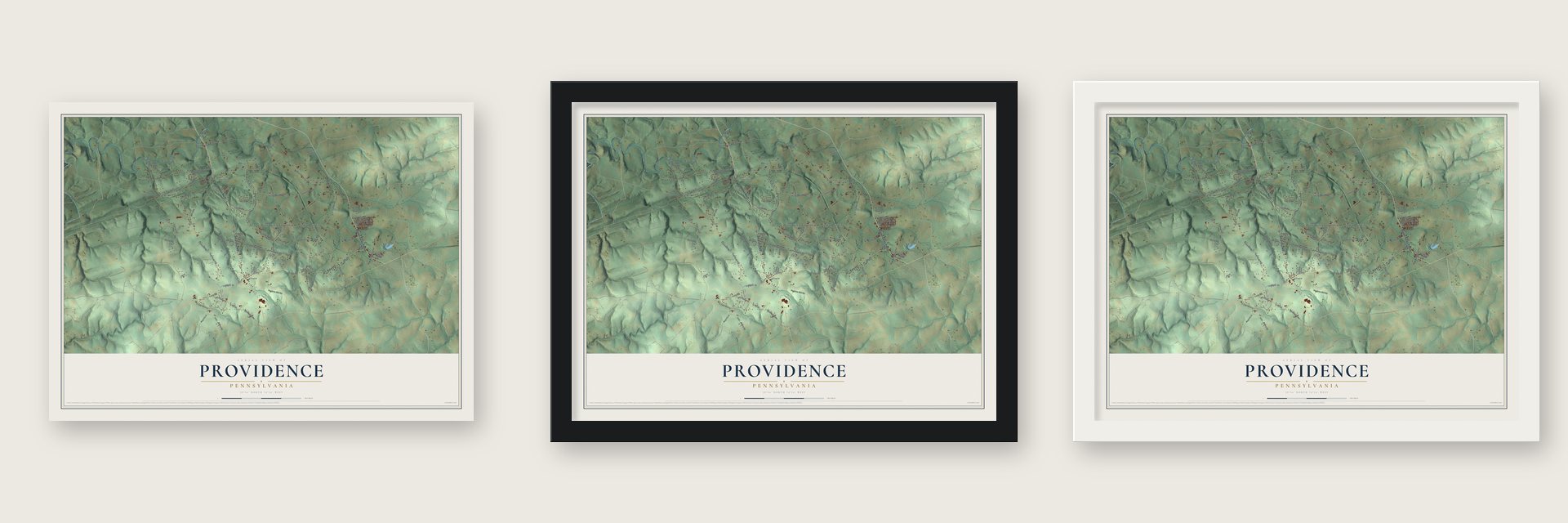 Providence, Pennsylvania map unframed, in a black wood frame and in a white wood frame