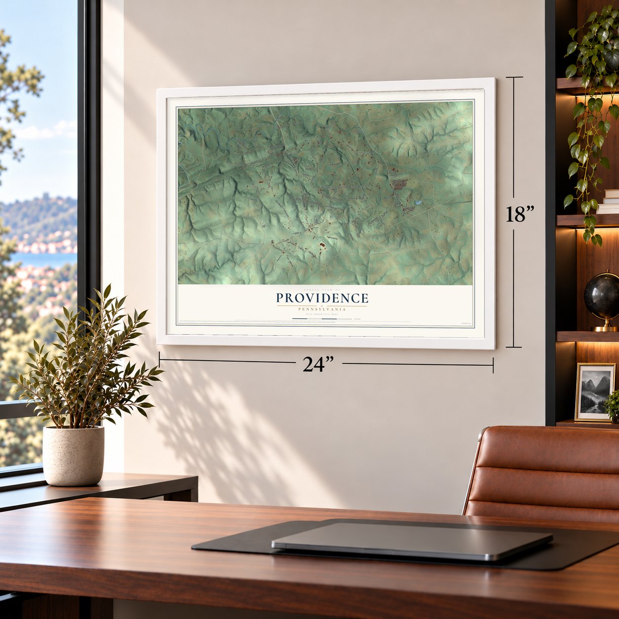 Providence, Pennsylvania map, 18 x 24 inch print in a white frame in a home office