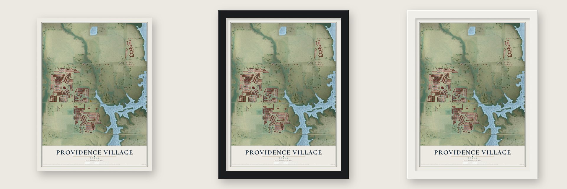 Providence Village, Texas map unframed, in a black wood frame and in a white wood frame