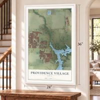 Providence Village, Texas map, 24 x 36 inch print in a white frame by a staircase