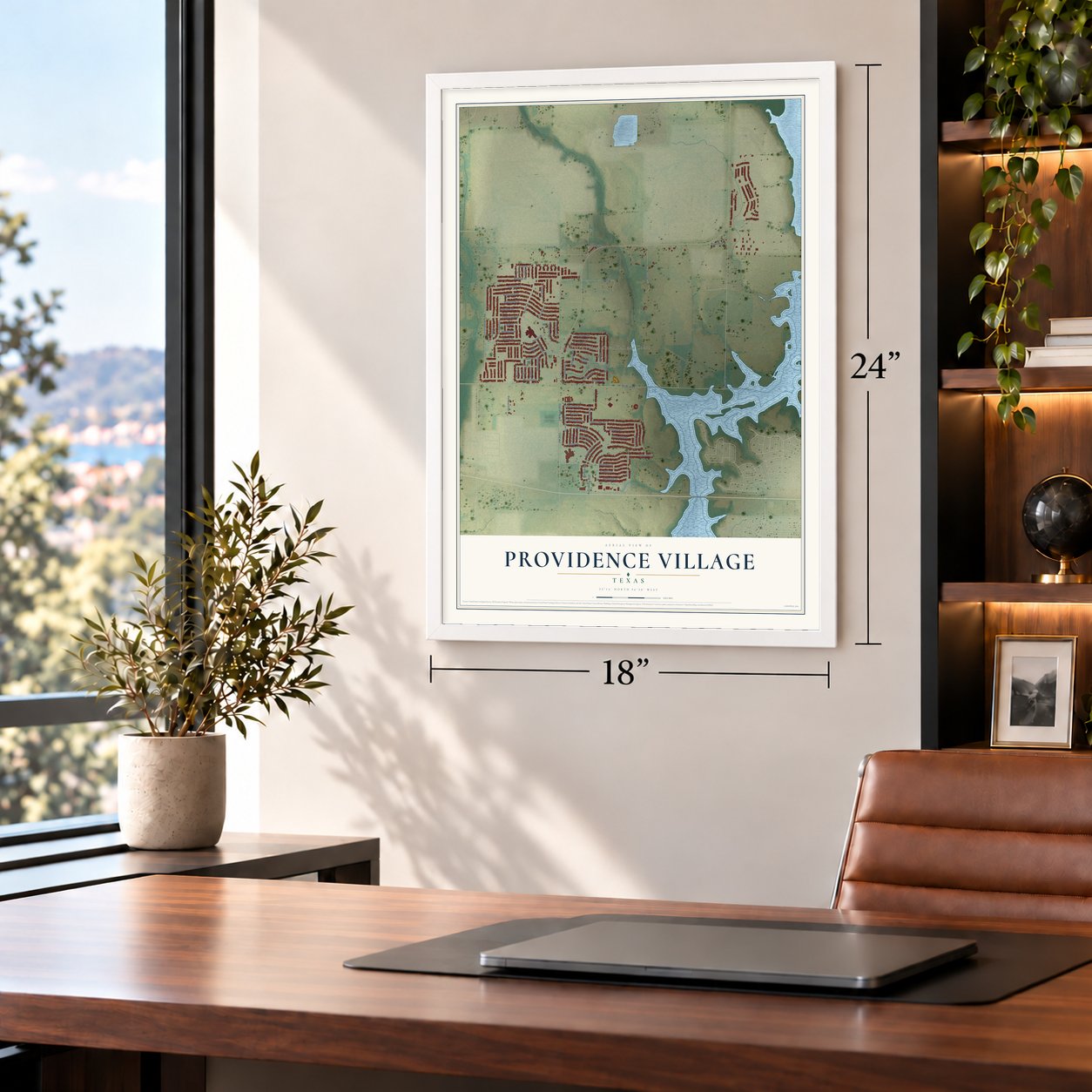 Providence Village, Texas map, 18 x 24 inch print in a white frame in a home office
