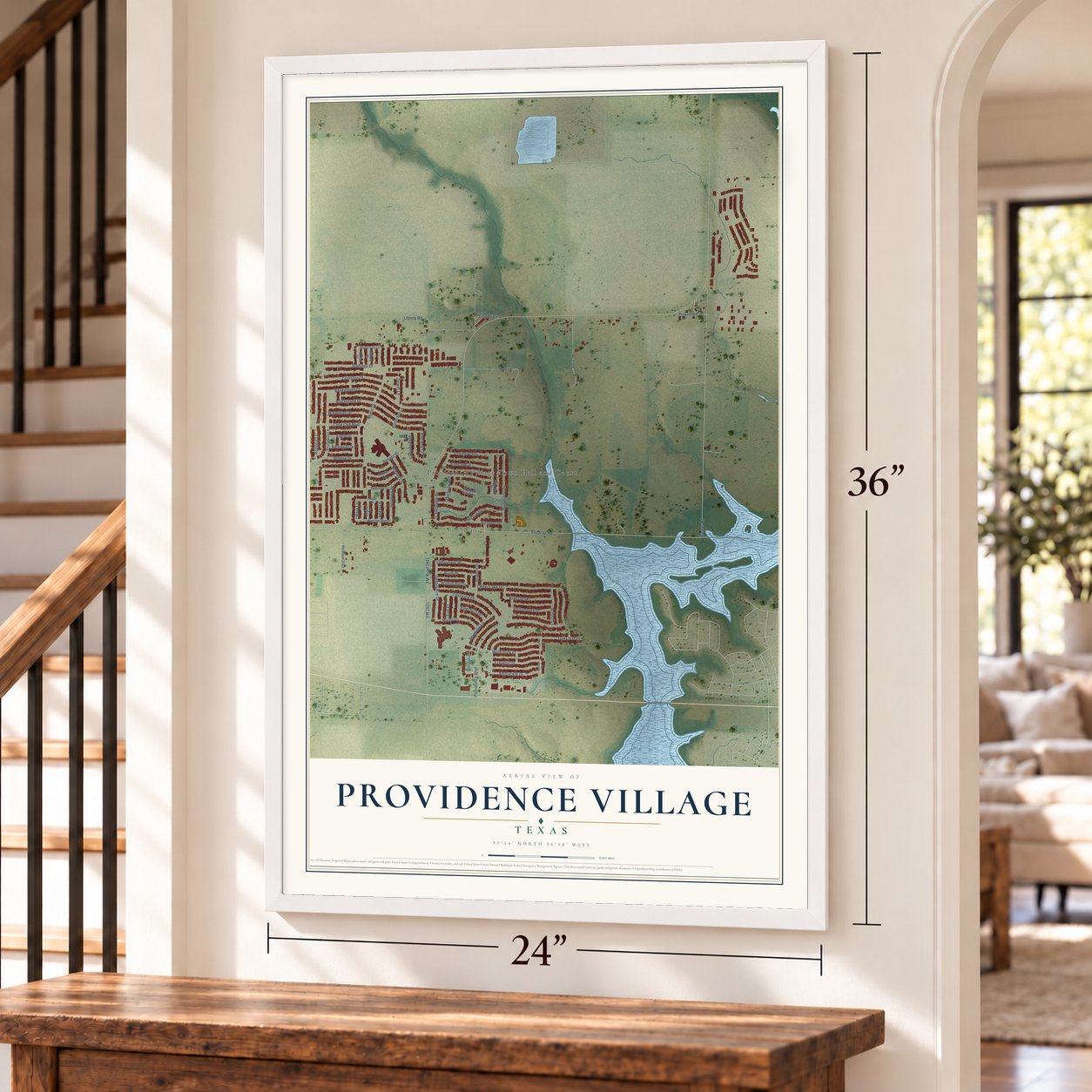 Providence Village, Texas map, 24 x 36 inch print in a white frame by a staircase