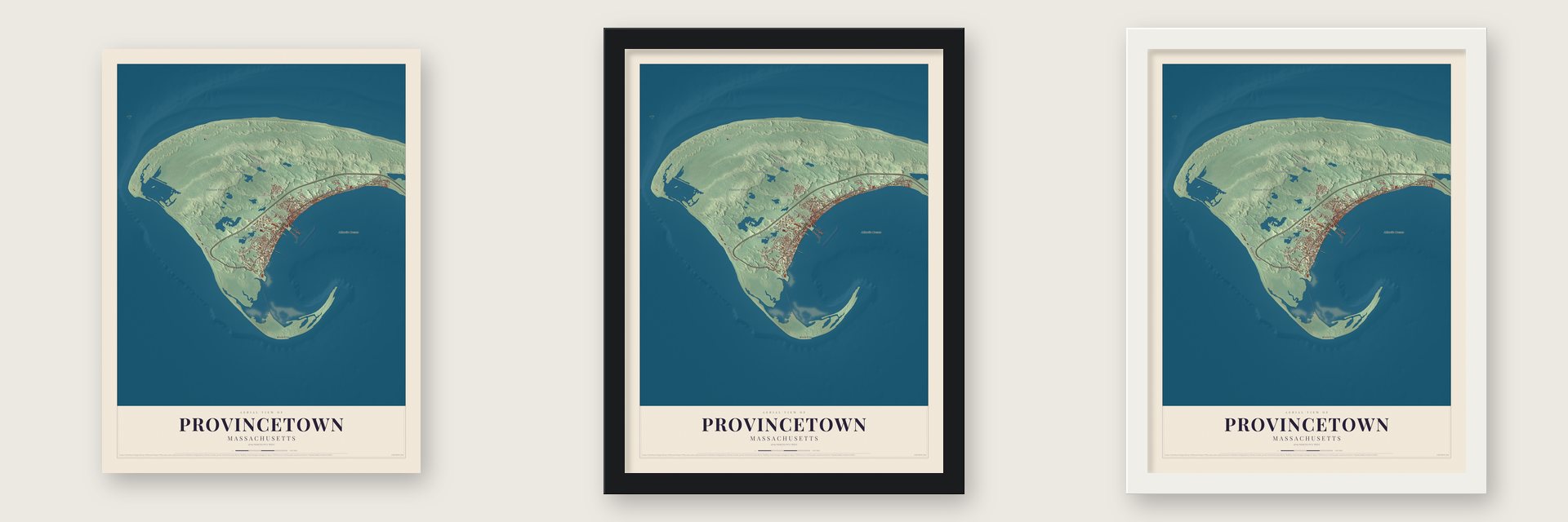 Provincetown, Massachusetts map unframed, in a black wood frame and in a white wood frame