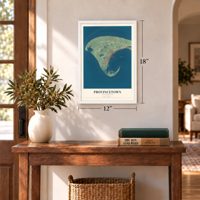 Provincetown, Massachusetts map, 12 x 18 inch print in a white frame in an entryway